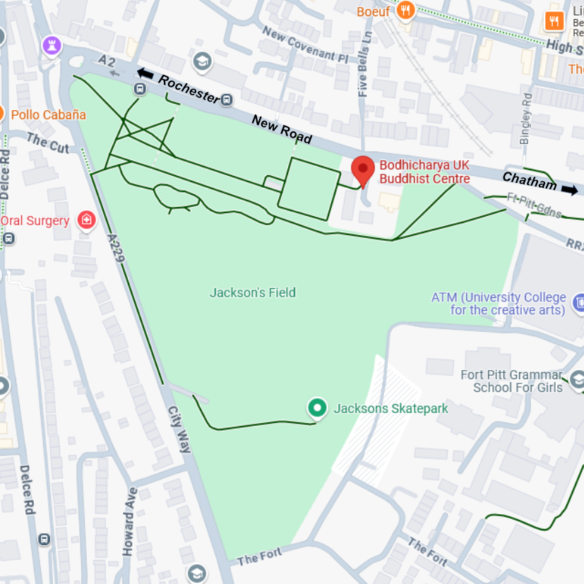 A map showing the location of the Bodhicharya UK Buddhist Centre in Rochester, UK